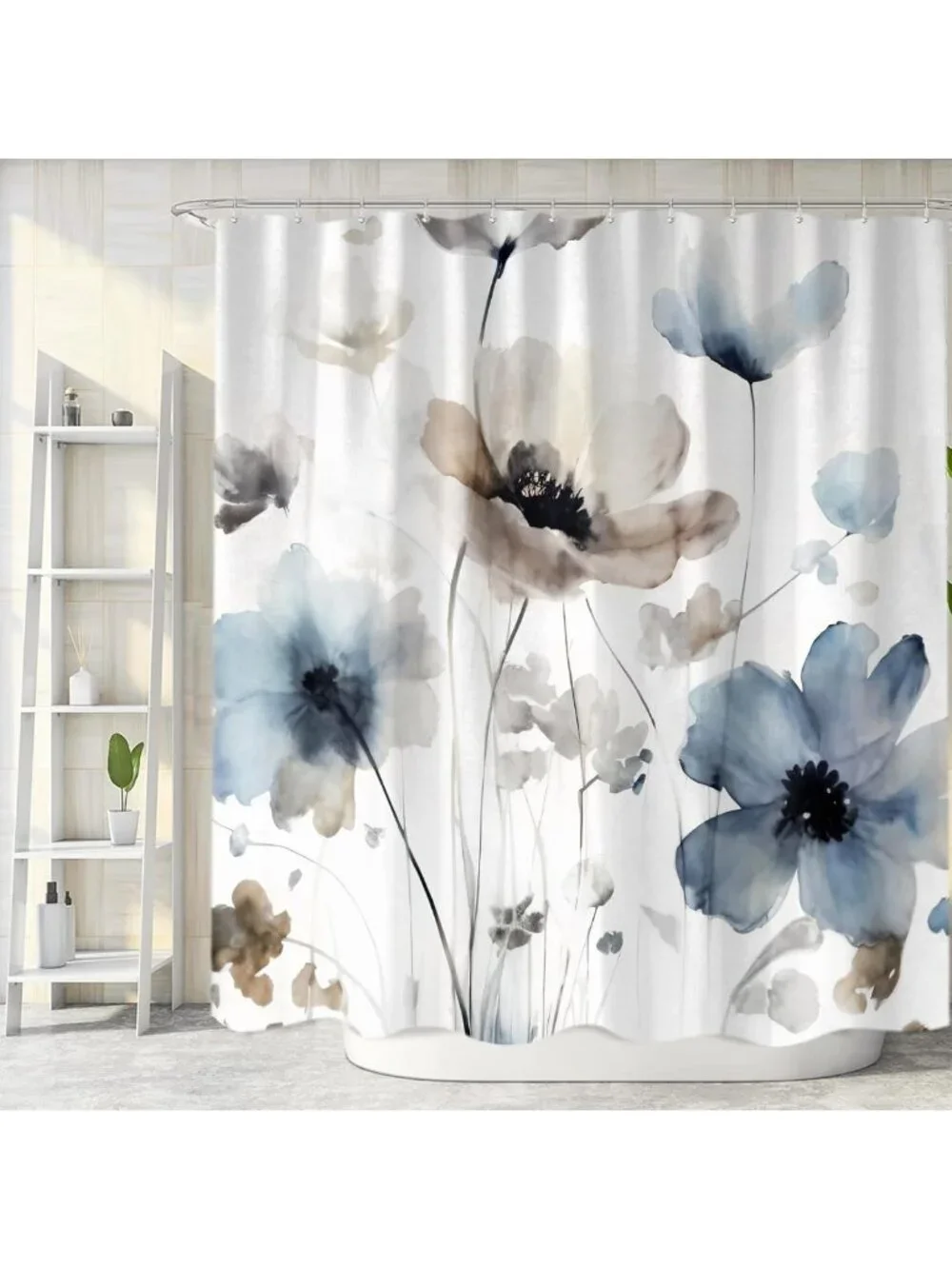 Boho Floral Shower Curtain Set - Cream Tan Blue Grey Watercolor 72